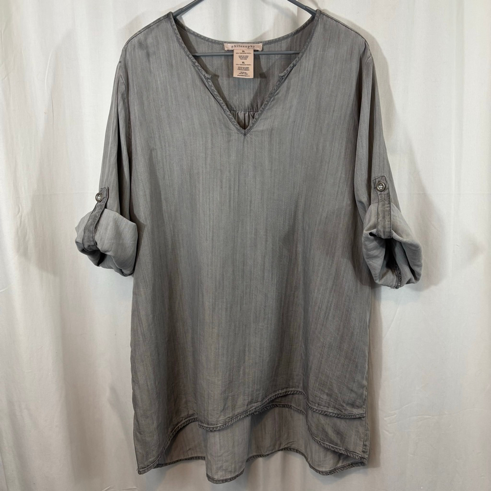 Women’s Philosophy Grey Lyocell Tunic Top Roll-Tab Sleeves – XL